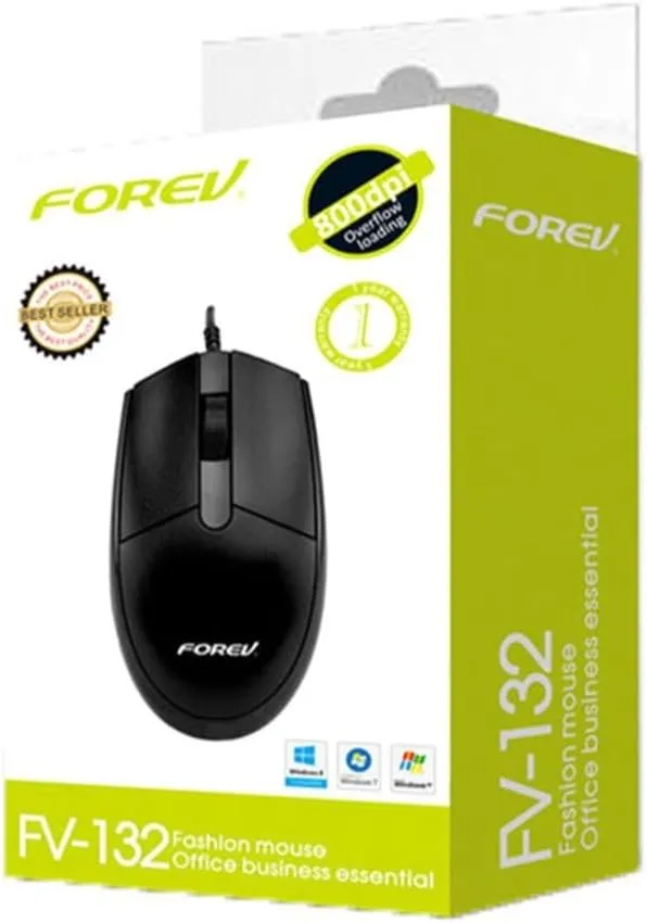 FOREV FV-132 Optical Wired Mouse for Office and home, pc/laptop, use comfortable design for the hand, Anti-Slip and Portable, Fast and High Precision – Black