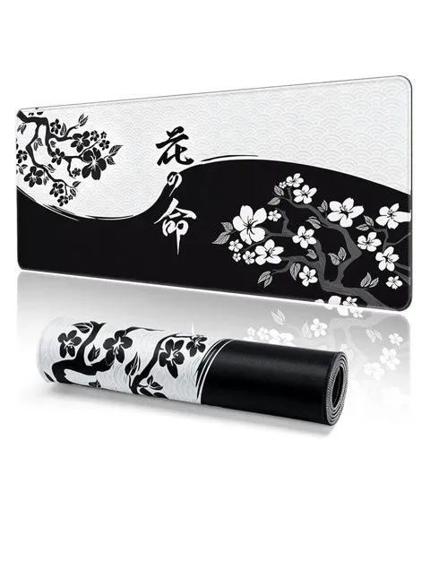 Japanese Black & White Flowers Gaming Mouse Pad Mat XL Size Anti Slip Base – Speed Edition | 70 X 30 cm 