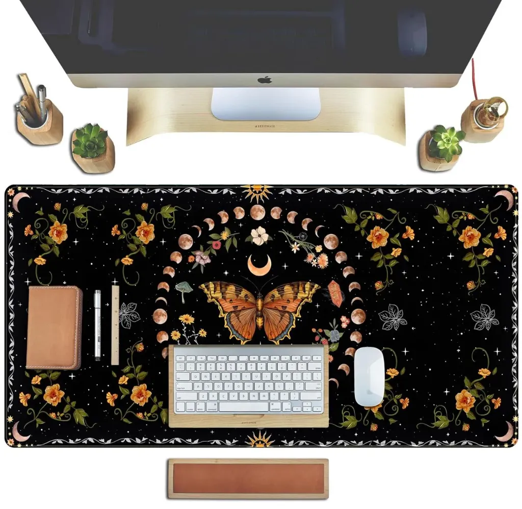 Large Gaming Mouse Pad Mushroom Phase Moon Phase Desk Mat, Boho Flowers and Leaves Computer Big Mouse Pad Washable Cloth Non-Slip Rubber Base Keyboard Pad Mouse Mat for Office with Stitched Edges ( 70cm x 30cm x 2