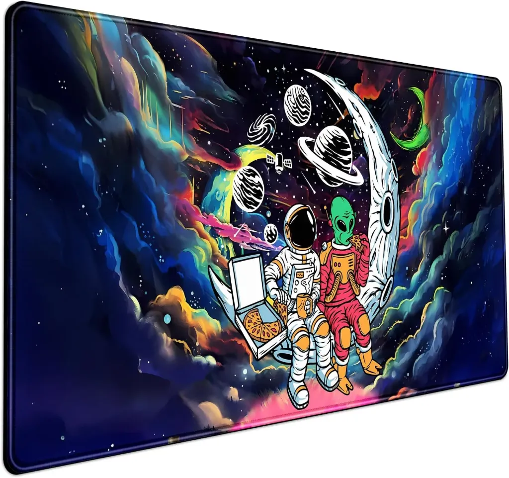 Funny Space Mouse Pad Desk Mat Astronaut Alien Large Gaming Mouse Pads Anime Desk Pad Mousepad XXL Cool Trippy Universe Extended Keyboard Mat with Stitched Edges Anti-Slip, 31.5 X 15.8 in
