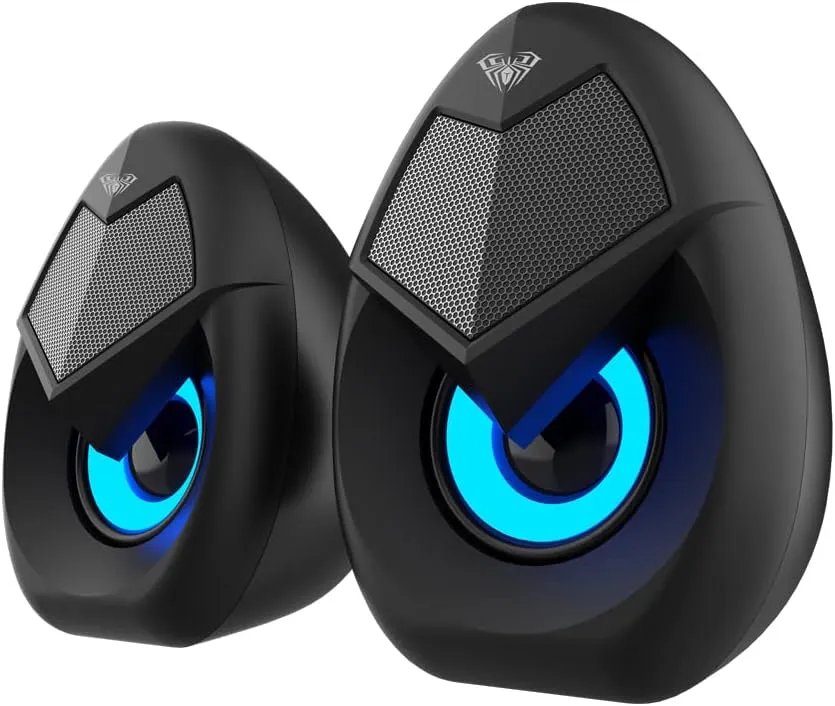 [AULA N69] AULA N69 Computer Speakers, USB 2.0 Powered PC Speakers with RGB LED Lights, Stereo Surround Sound, 3.5mm AUX-in Wired Desktop Speaker for PC, Laptop, Tablet, Cellphone - Black 