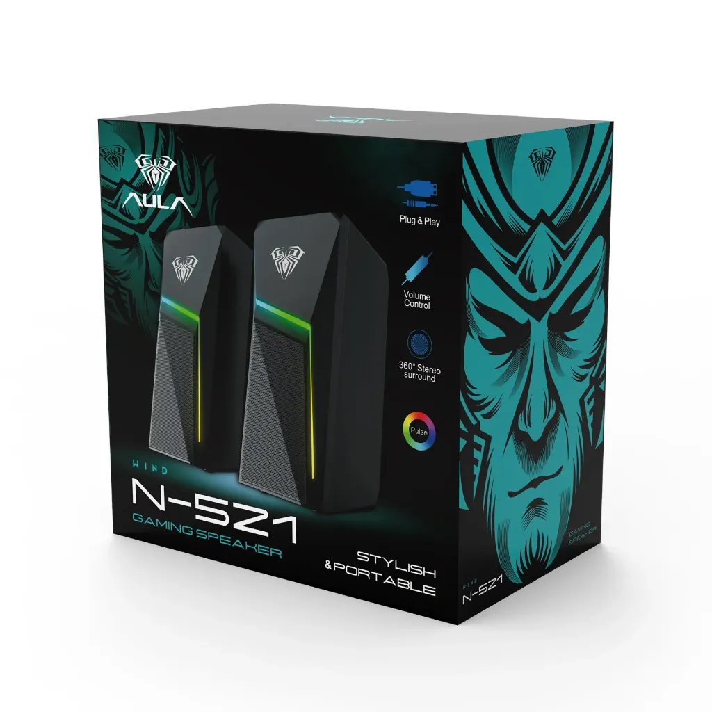 Aula N-521 2.0 Multimedia Speaker with RGB Lights, USB Powered, AUX Input, Volume Control Pod for PC, Laptops, Desktop 