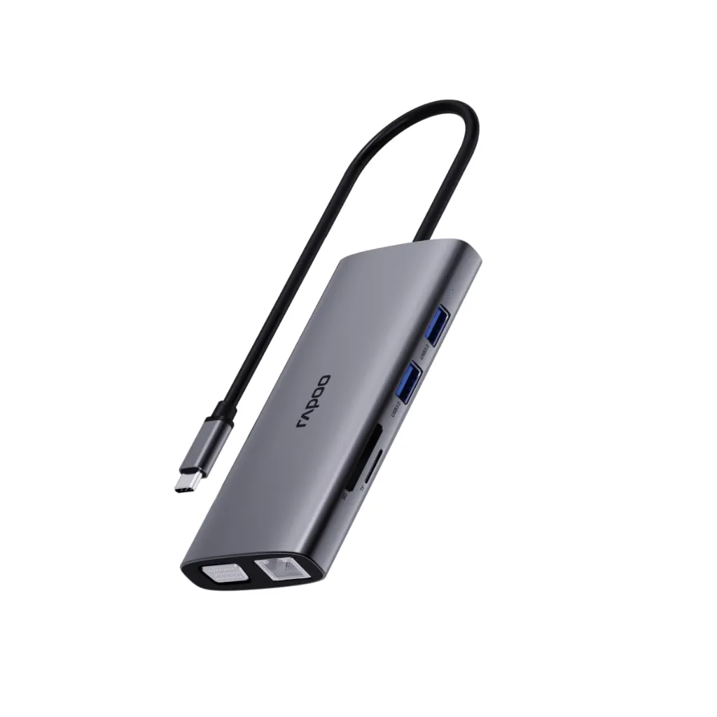 Rapoo XD101 USB C Hub 10-in-1 with 4K HDMI, 100W PD Fast Charging, 2 USB 3.0 Ports, RJ45 Ethernet, SD/TF Card Reader – Compatible with MacBook, Windows, Android – 200mm Cable, Metal Body