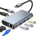 USB C HUB 10 in 1 with 4K HDMI, VGA, Type C PD, USB3.0 3 Port , RJ45 Ethernet, SD/TF Card Reader, 3.5mm AUX 