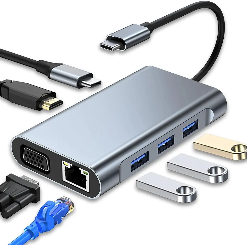 USB C HUB 11 in 1 with 4K HDMI, VGA, Type C PD, USB3.0 3 Port , RJ45 Ethernet, SD/TF Card Reader, 3.5mm AUX