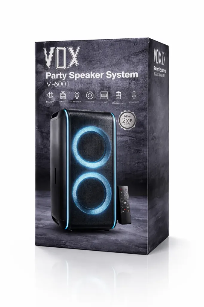 [vox 6001] Party Box VOX - 6001 Portable Bluetooth Karaoke Power Audio Speaker 2×5" RGB + Remote