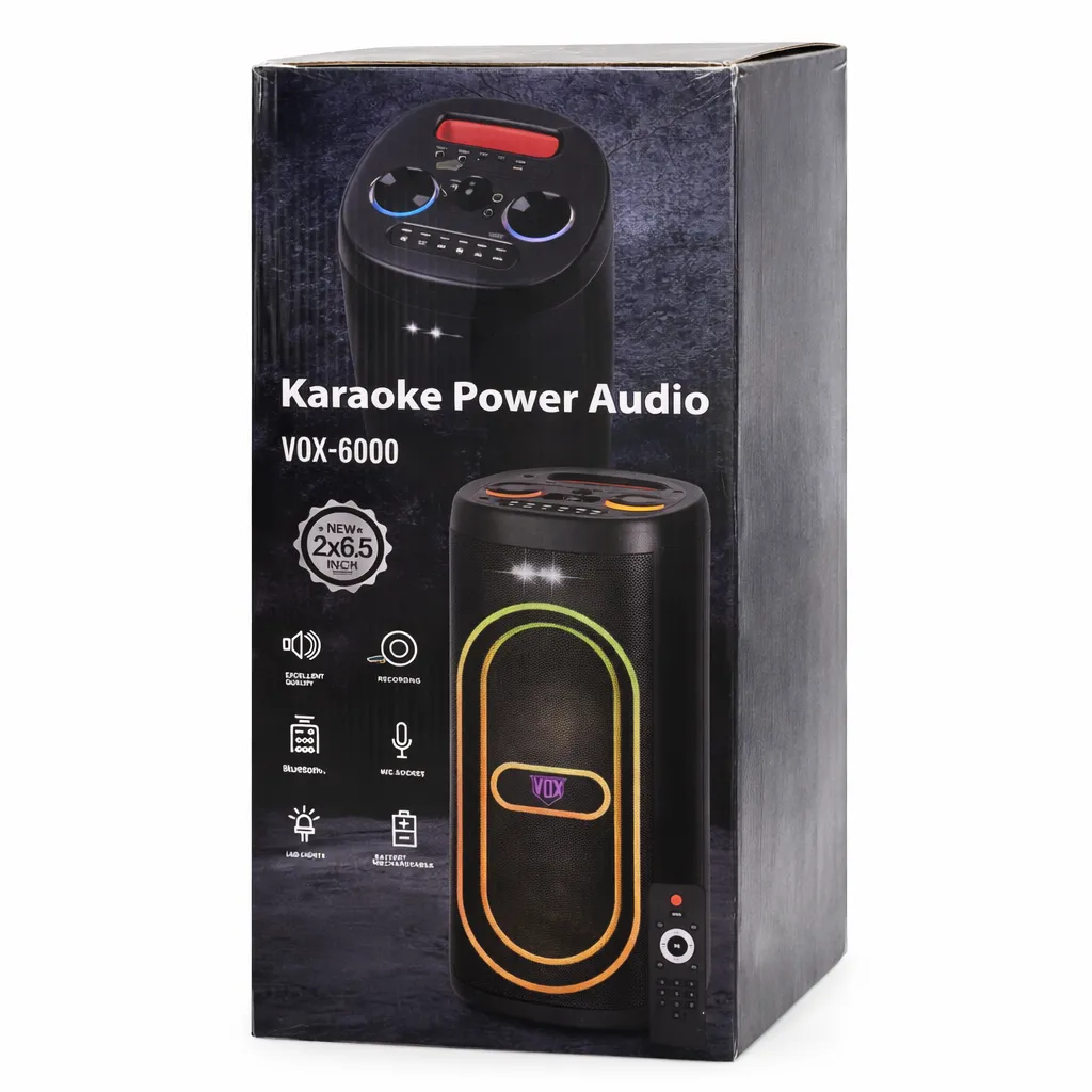 [vox 6000] Party Box VOX - 6000 Portable Bluetooth Karaoke Power Audio Speaker 2×6" RGB + Remote