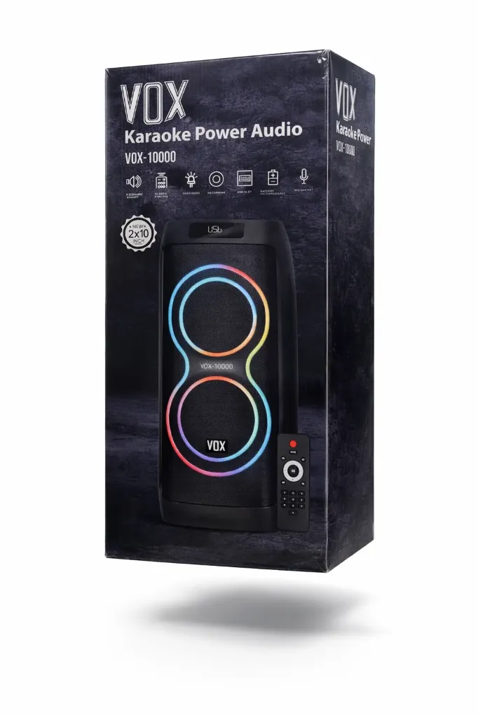 [vox 10000] Party Box VOX - 10000 Portable Bluetooth Karaoke Power Audio Speaker 2×8" RGB + Remote