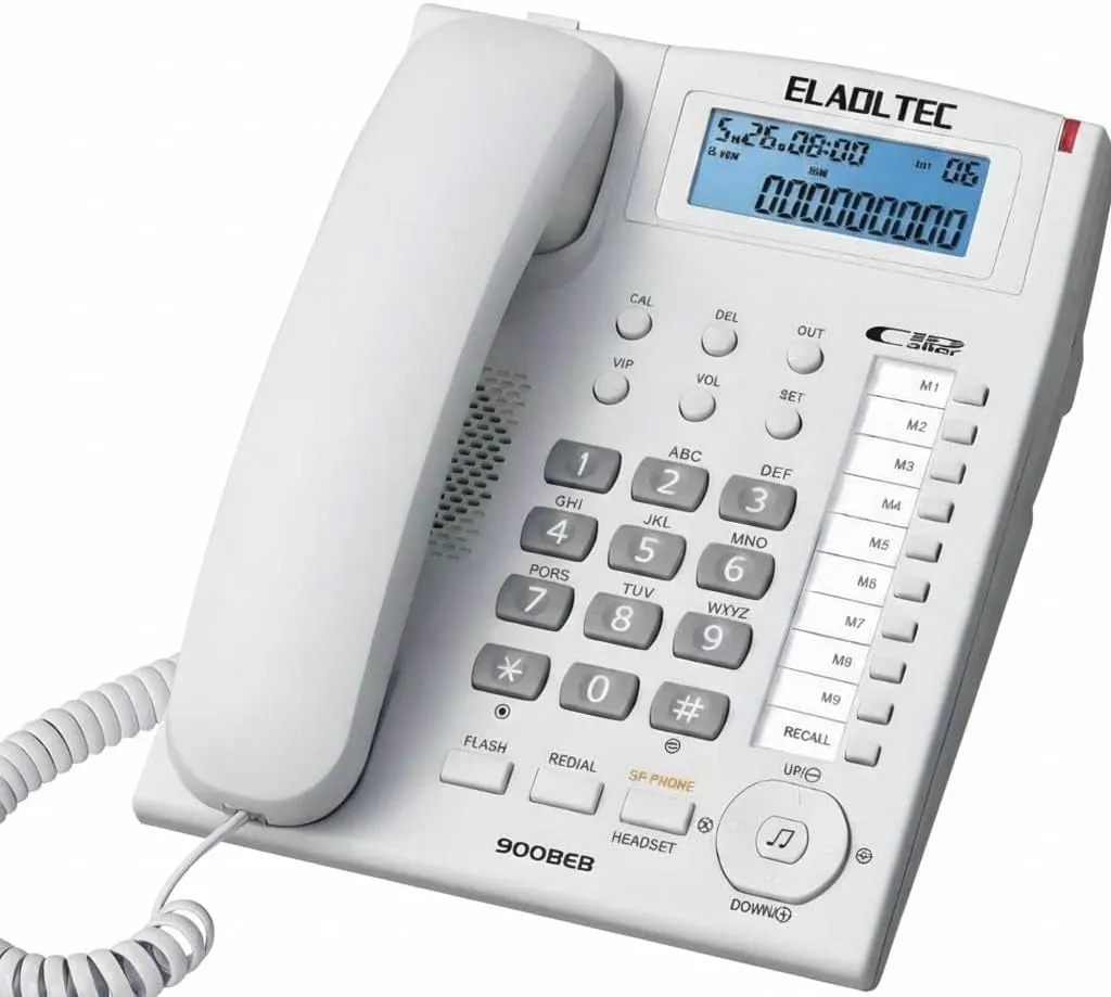 ELADLTEC 900BEB Desktop Landline Phone with LCD Display Caller Detection, White, 9 Button Direct Memory, for Home and Office