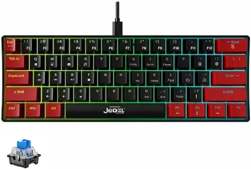 For JEDEL KL-69 60% Gaming Mechanical Keyboard - Rainbow LED Lighting (English & Arabic) (Black Red (Blue Switch))