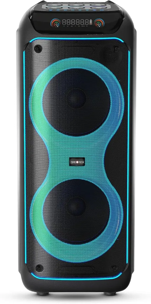 ZEROTECH Bluetooth Party Speaker, Black, Dual 8-Inch Speakers, 50W x 2, LED Lighting, Digital Controls, FM Radio, Multiple Input Ports