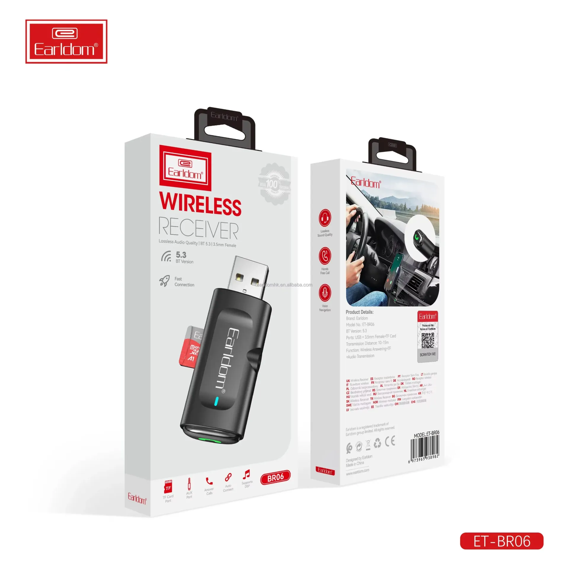Earldom ET-BR06 Wireless Bluetooth Receiver for Car and Home - Bluetooth 5.3 - Supports TF Card - HD Sound Quality - Hands-Free Calls - Black