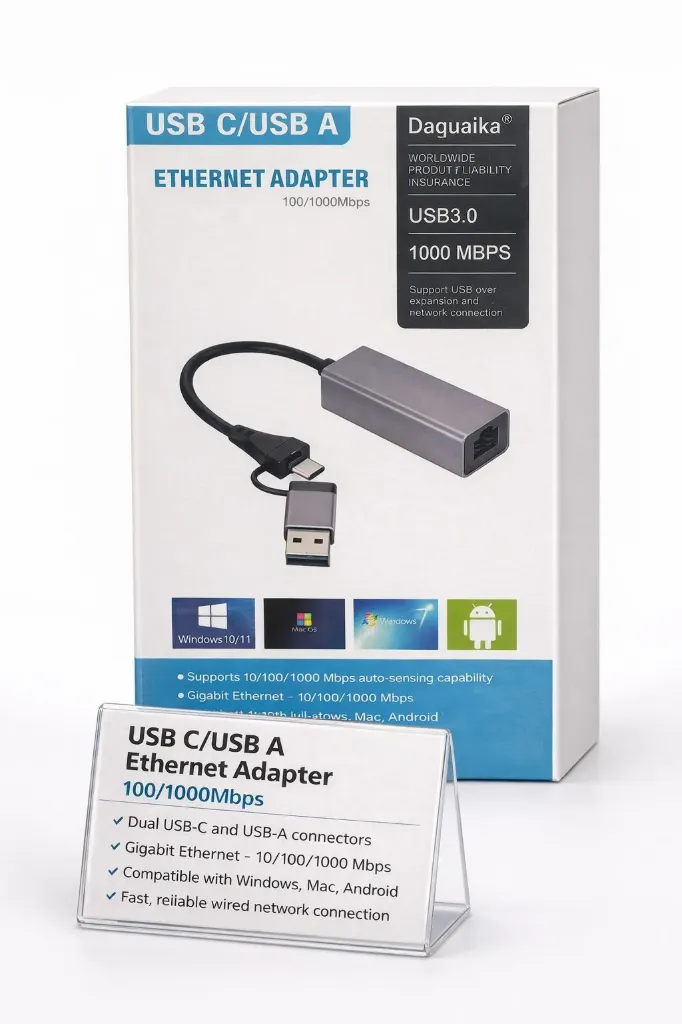 USB-C / USB-A to Gigabit Ethernet Adapter USB-A / USB-C to RJ45. Speed: Up to 5Gbps; 10/100/1000Mbps compatible. Build: Durable aluminum housing. Features: Plug and play; no drivers needed.