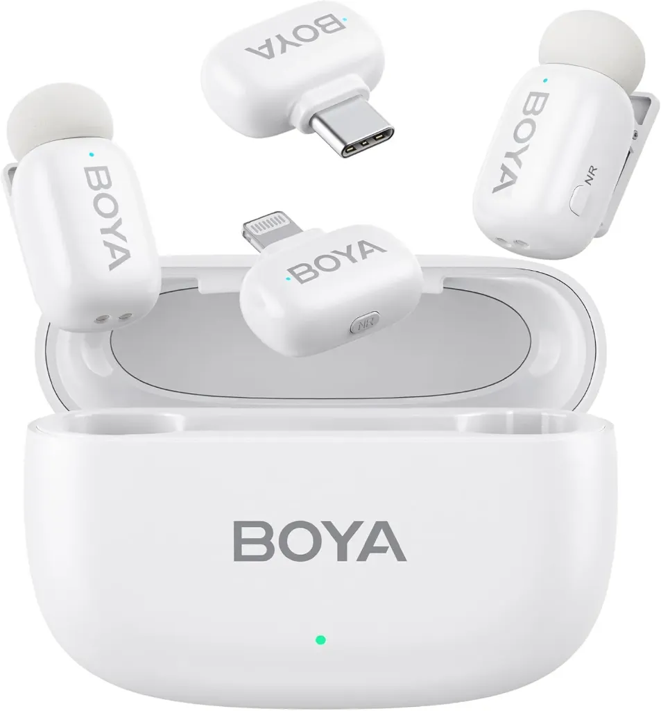BOYA Mini Wireless Lavalier Microphone (White) - 2 Transmitters, 2 Plugs, 30H Battery & Voice Changer