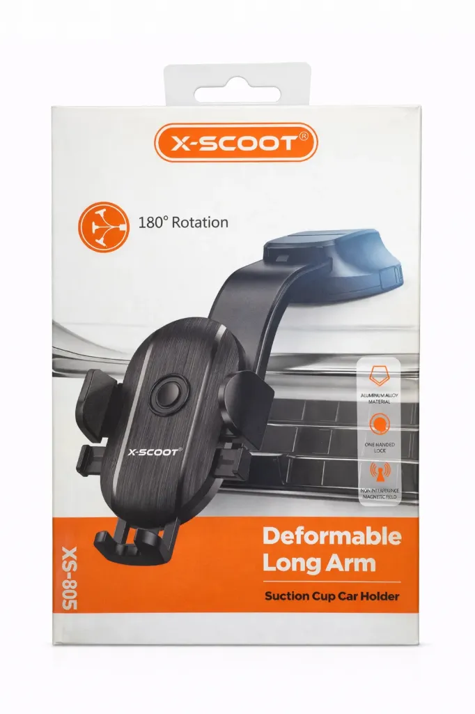 X-Scoot XS-805 Car Phone Holder – Long Arm Suction Cup | 180° Rotation | One-Hand Lock