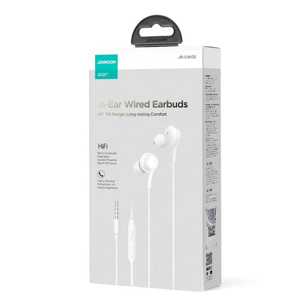 JOYROOM JR-EW02 3.5mm Wire-controlled Earphone HiFi Sound In-ear Headphone with Mic - White