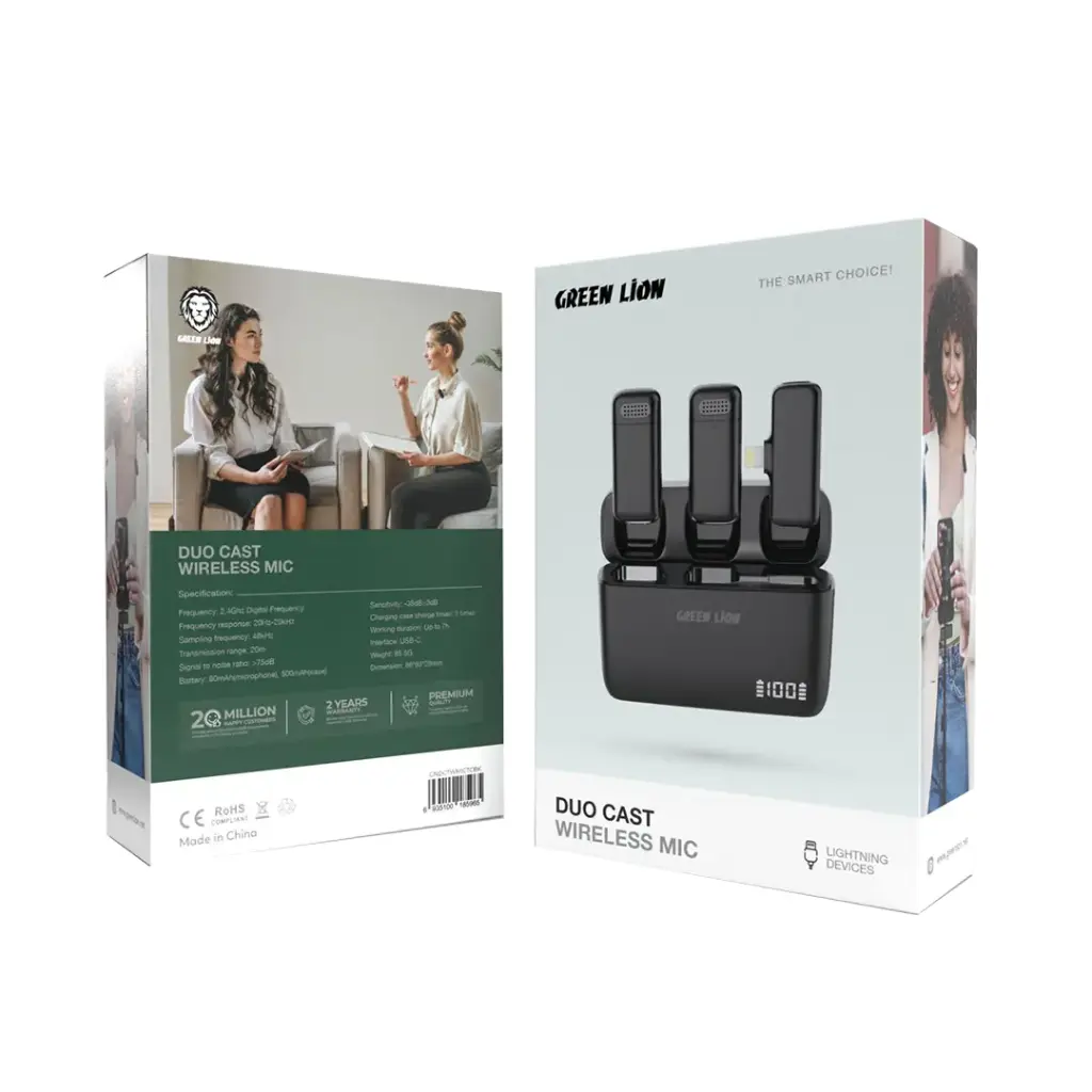 Duo Cast Wireless Mic Type-C / Up To 7H Working Duration / Long Distance Transmission / 2.4Ghz Digital Frequency / 3 Times Charging Case / 20 Transmission Range / Automatic Pairing - Black