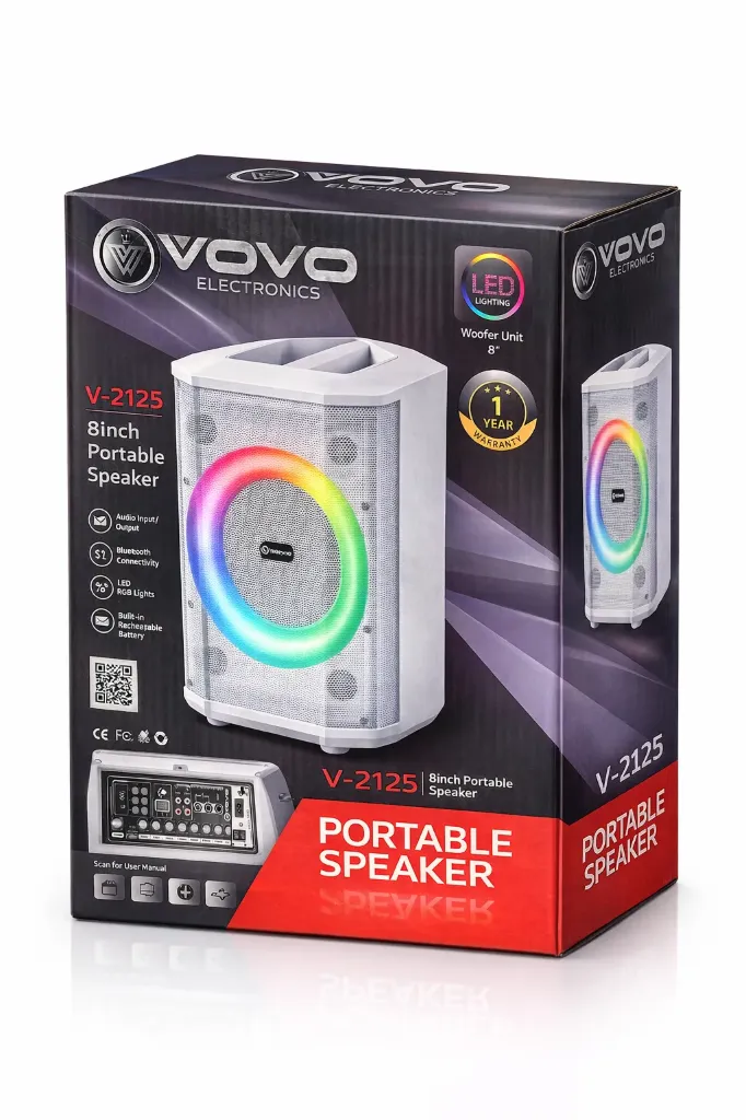 [VOVO V-2125] VOVO V-2125 Portable Bluetooth Speaker 8 Inch RGB Light – Rechargeable Party Speaker