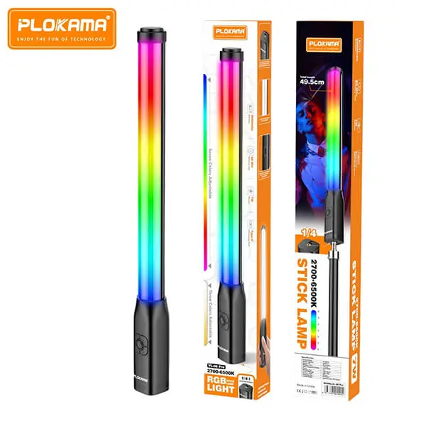PLOKAMA VL06 Pro RGB Light Stick RGB Lighting with Adjustable color modes Adjustable white light (2700K–6500K) Multiple Brightness levels 2000 mAh battery, 60 min charge, 7 W output Handheld, lightweight, portable design USB-C rechargeable battery Perfect for photography, video, livestreams, and vlogs
