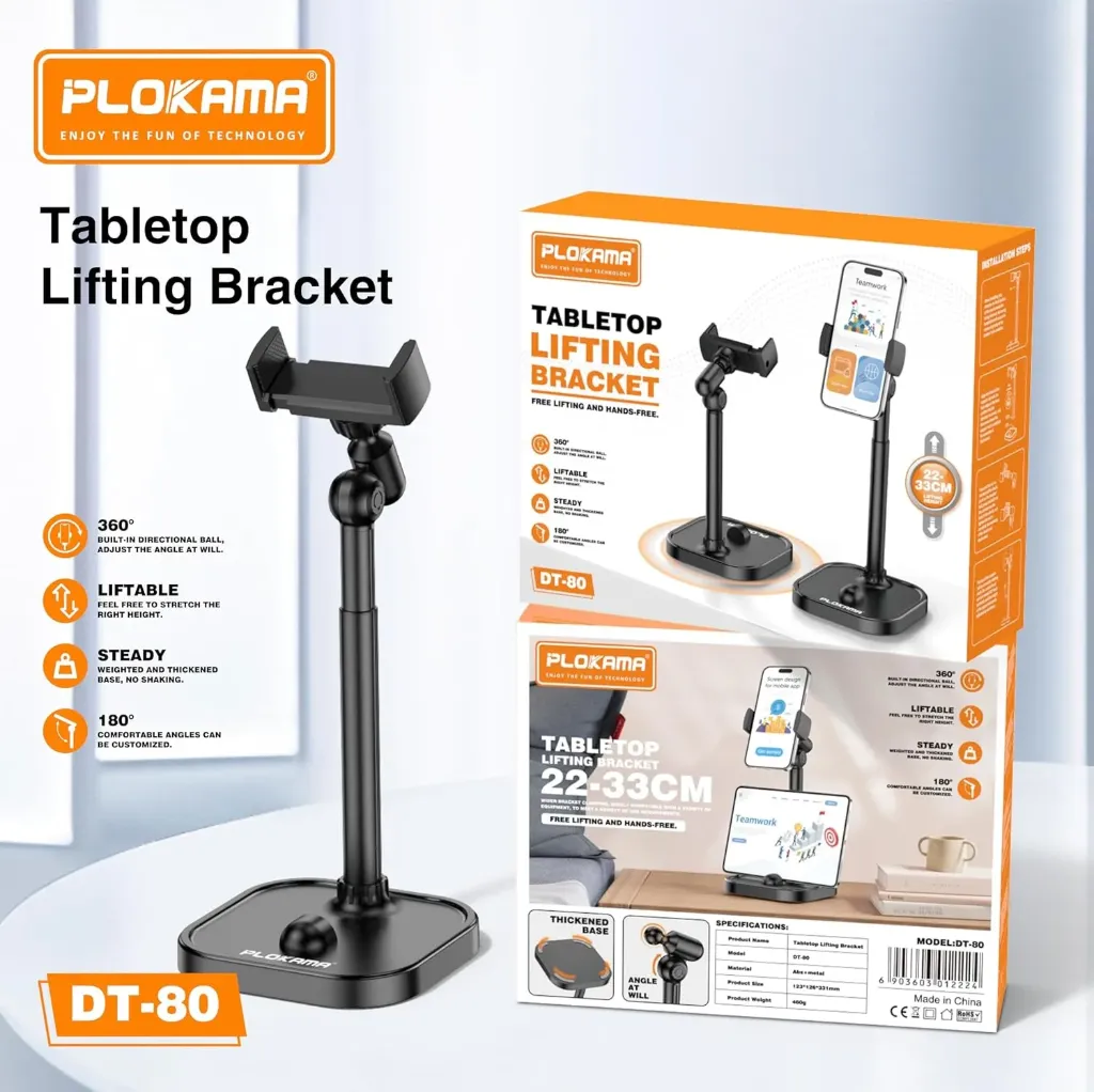 Plokama DT-80 Tabletop Phone & Tablet Holder – Adjustable 360° Rotating Stand for Hands-Free Viewing, Live Streaming, Desk & Office Use