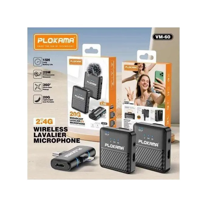 PLOKAMA VM60 Mic Wireless Clip on Microphone Lavalier HP Plug & Play Dual Mic Type C & Lightning