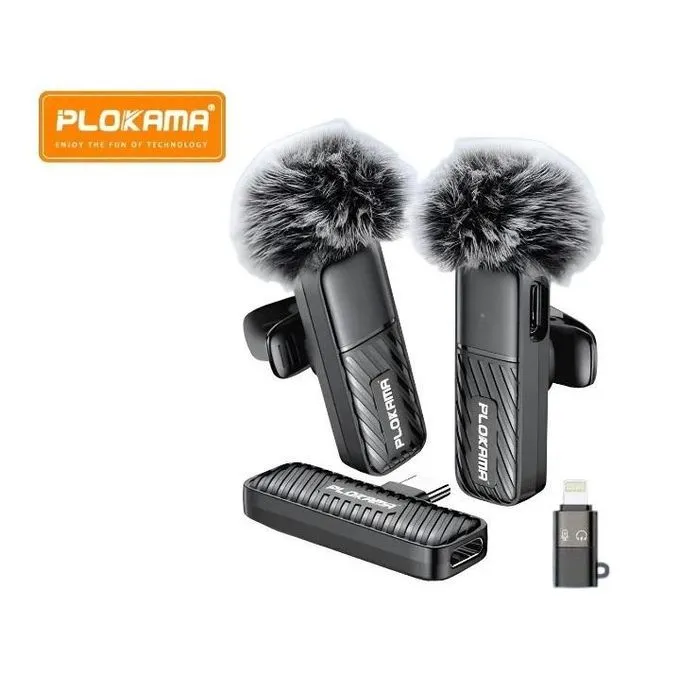 PLOKAMA VM20 Wireless Clip-On Lavalier Microphone, Plug and Play, Dual Type-C and Lightning Microphones