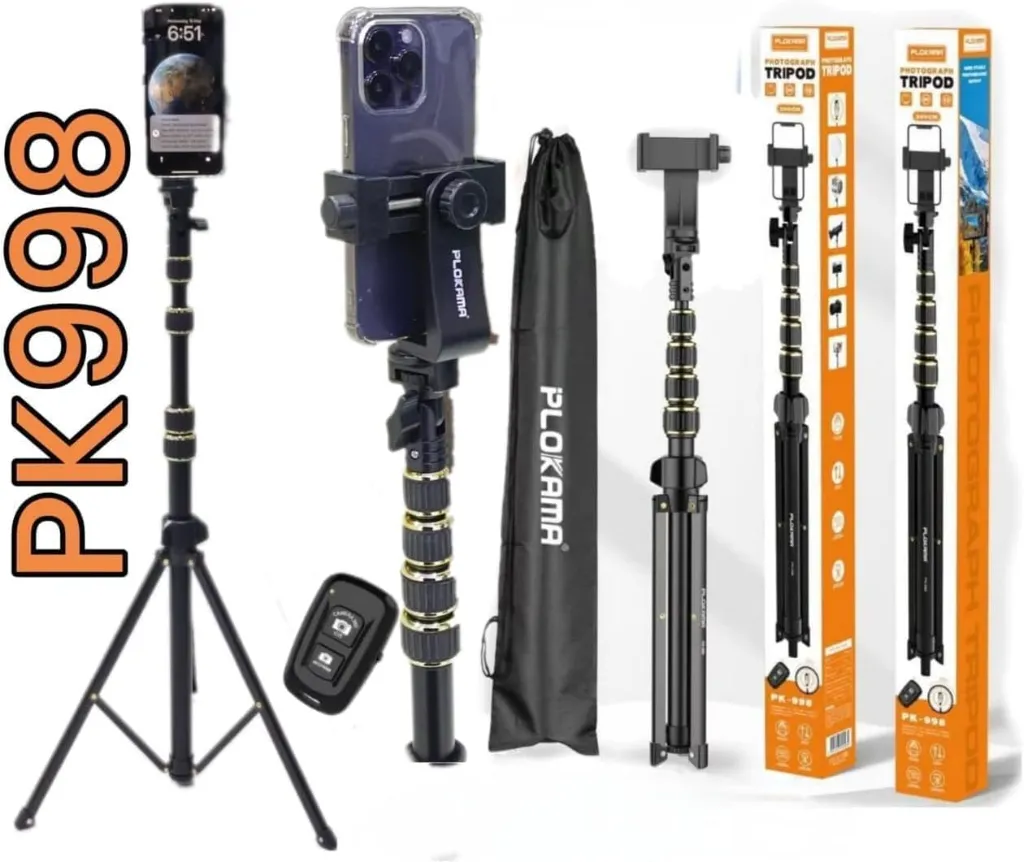 Plokama PK-998 Adjustable Height Aluminum Alloy Tripod Stand with Remote Control Compatible with All Smartphones for Live Streaming and Selfie Shooting, Ring Light Holder for GoPro and Camera, Light Stand for Video Recording, Photography Load up to 5kg