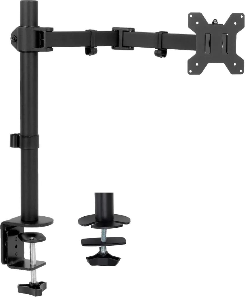 Full Motion Single VESA Monitor Desk Mount Stand with Double Center Arm Joint, Holds 1 Screen up to 22lbs with VESA 75x75mm or 100x100mm, Black, STAND-V101D