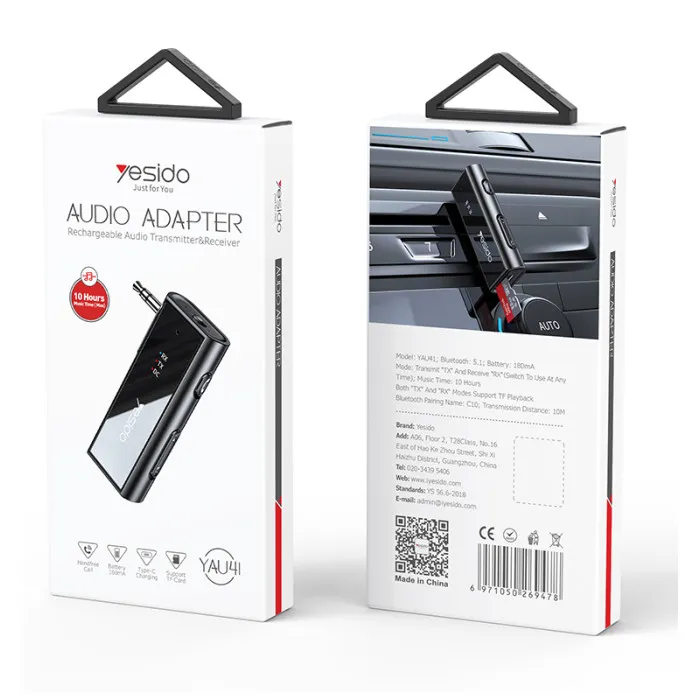 YESIDO YAU41 2 in1 Wireless Adapter 3.5mm Audio AUX Adapter Bluetooth 5.1 Transmitter Receiver For Car