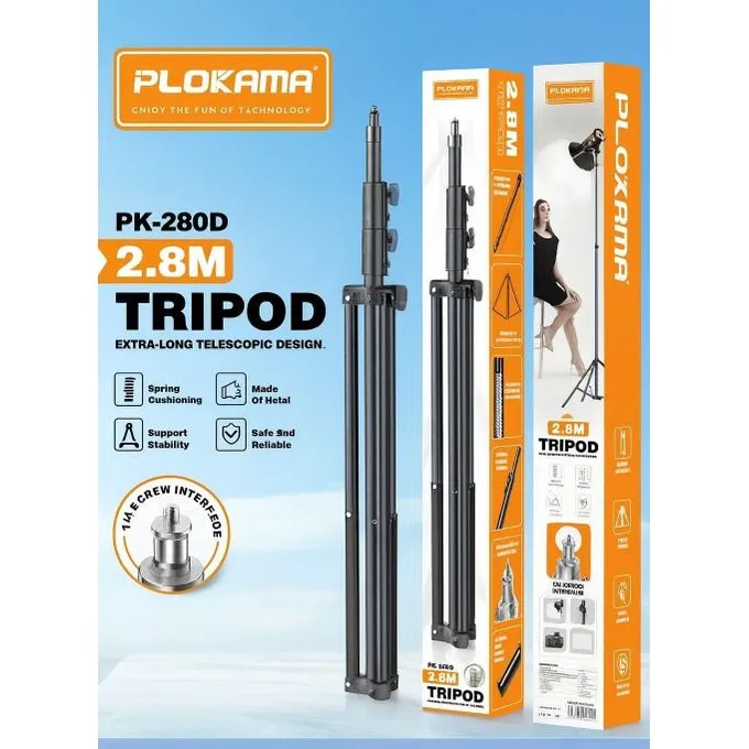 Plokama PK-280D Professional Light Stand, Black Aluminum Alloy, 80-280cm Height, Foldable Photography Tripod with 1/4 Screw Mount for Studio, Content Creation (HEAVY DUTY)