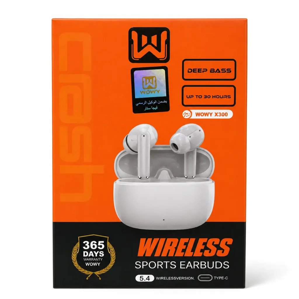 WOWY X300 Wireless Sports Earbuds with Deep Bass, Bluetooth 5.4, Type-C Charging & Up to 30 Hours Battery - White