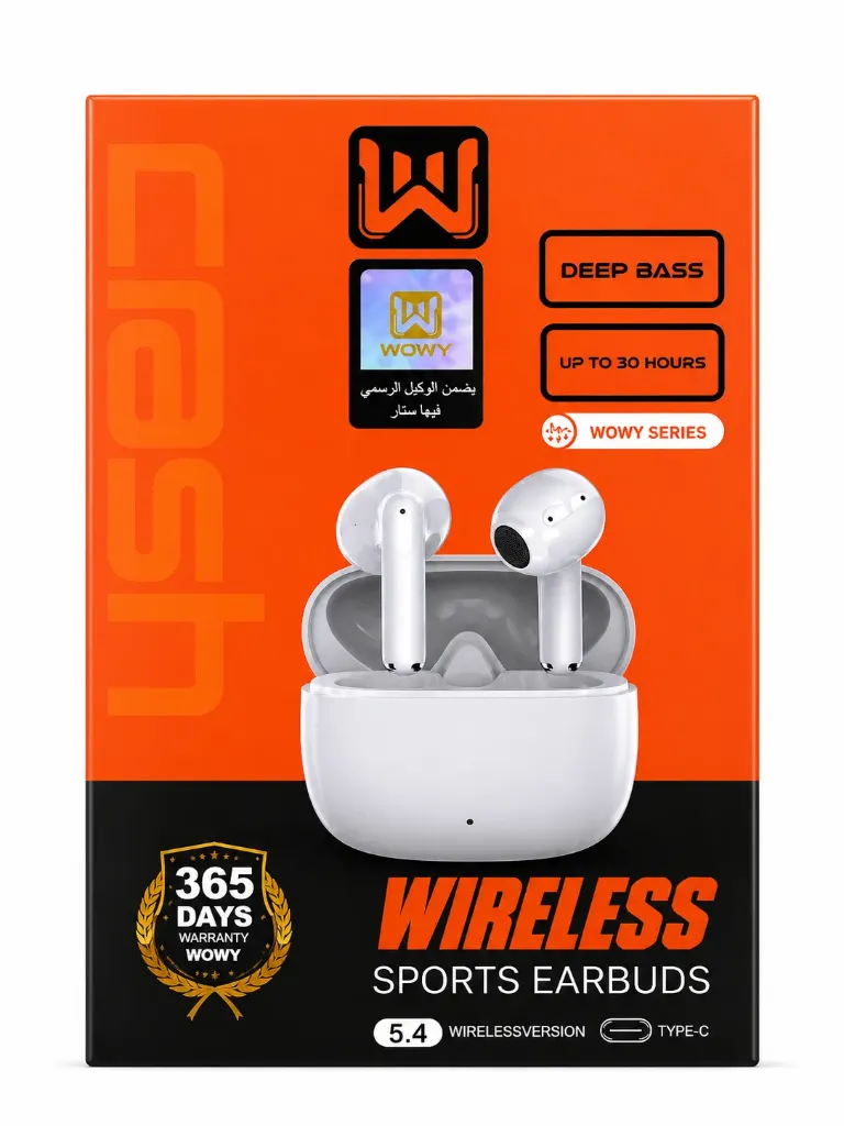 WOWY Series Wireless Sports Earbuds with Deep Bass, Bluetooth 5.4, Type-C Charging & Up to 30 Hours Battery - White