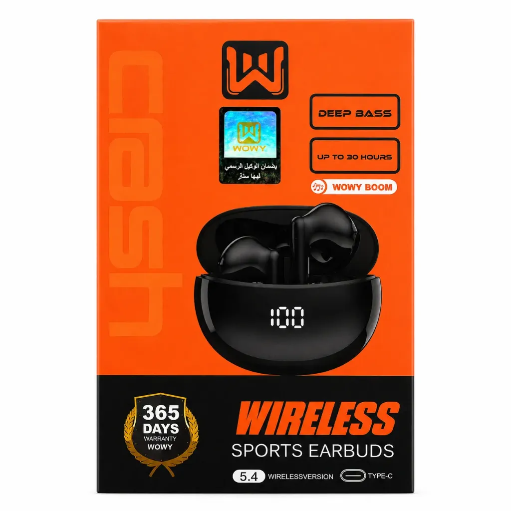 WOWY Boom Wireless Sports Earbuds with Deep Bass, Bluetooth 5.4, Type-C Charging, LED Battery Display & Up to 30 Hours Battery - Black