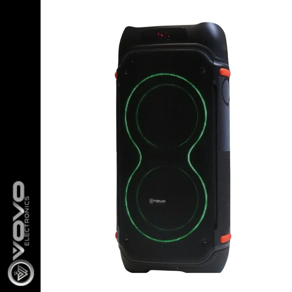 VOVO V-2885 Dual 8″ Party Speakers – 50W, Bluetooth, TWS, FM, MP3, TF Card, Wireless Microphone and Remote