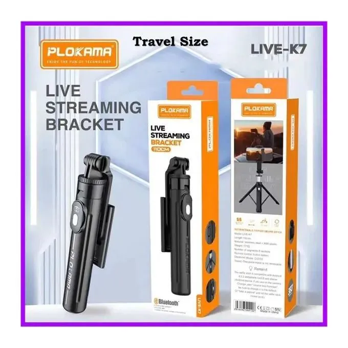 Plokama Live K7 LED Live Streaming Selfie Stick 110cm Adjustable Stand with One-Hand Operation & 360° Rotation Compatible with Center Console & Windshield Mounting - Black