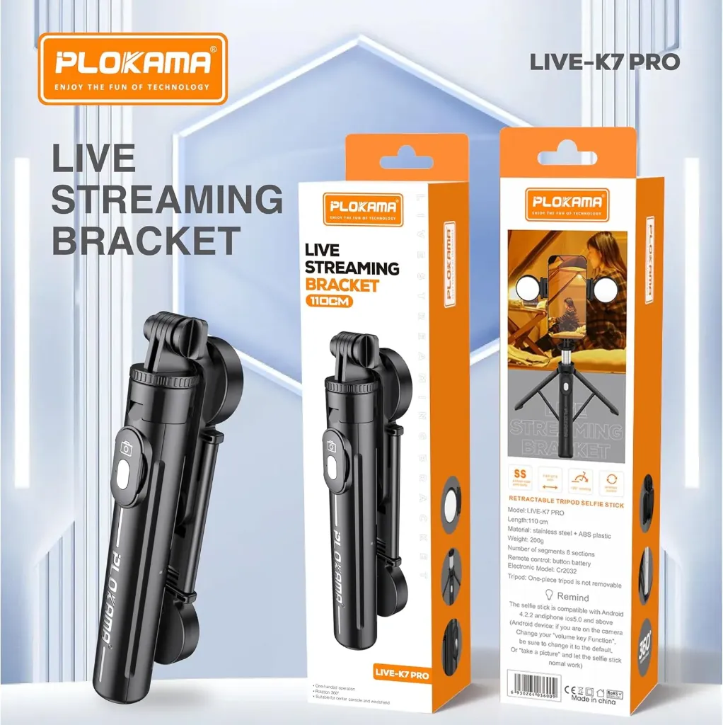 PLOKAMA Live K7 Pro Flexible Tripod and Selfie Stick, 110 cm Maximum Height, Dual LED Lighting, Universal Smartphone Compatible, Content Creator Kit