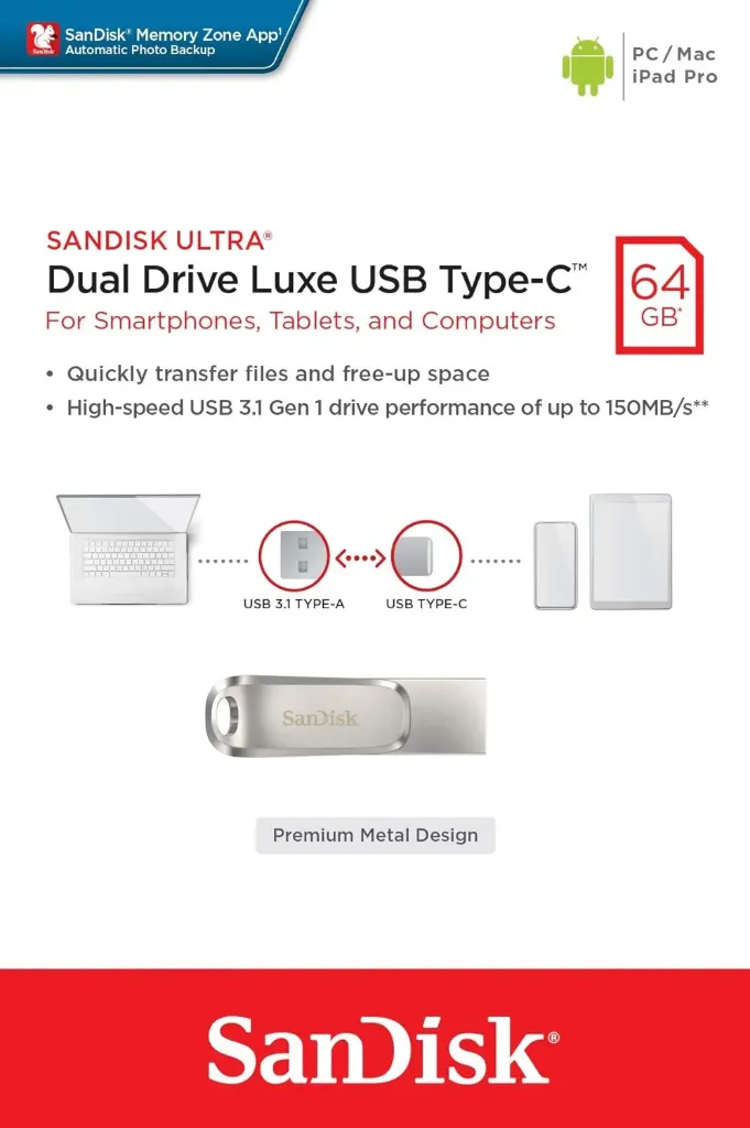SanDisk Ultra Dual Drive Luxe USB Type-C 64GB Flash Drive