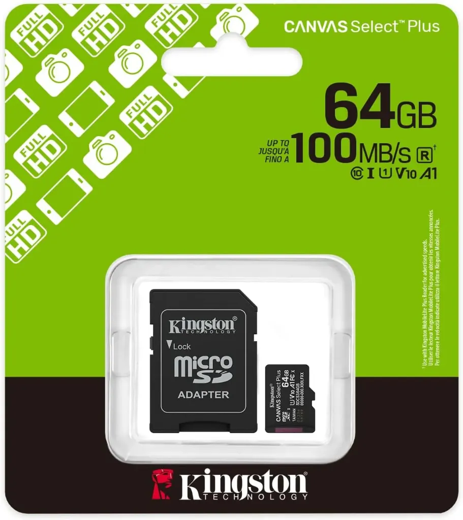 Kingston Canvas Select Plus microSD Memory Card 64GB microSDXC Gen3 100MB/s A1 Card + Adapter - SDCS3/64GB