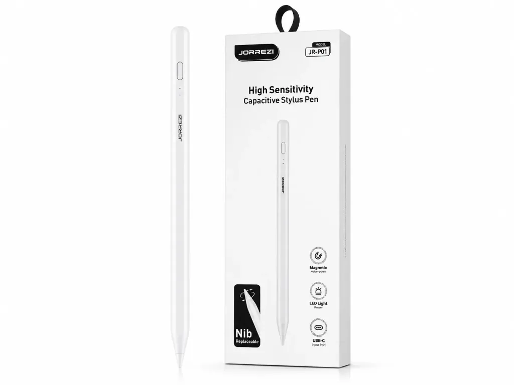JORREZZI JR-P01 High Sensitivity Magnetic Stylus Pen for iPad Supports Palm Rejection on compatible iPad models — USB-C Charging — Magnetic Adsorption — Replaceable Nib - White