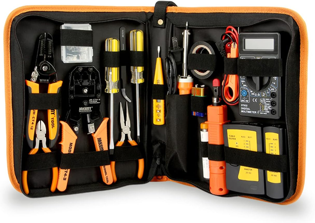 Network Repair Tool Kit with Ethernet Cable Tester, RJ45 Crimping Pliers, Soldering Iron, Digital Multimeter, Punch Down Tool, Wire Stripper, Screwdriver, Tweezers