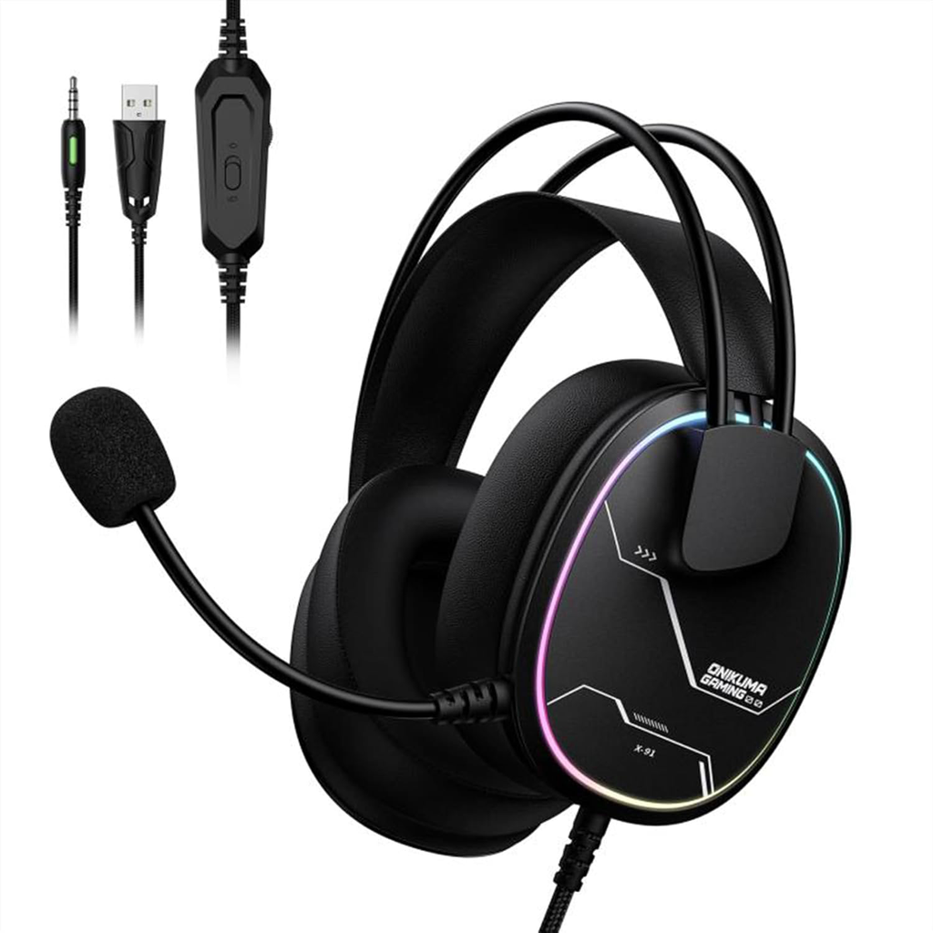 Onkuma X91 RGB Wired Over-Ear Gaming Headset, Noise-Cancelling Mic, 50mm Hi-Fi Drivers, Stereo Surround Sound, USB & 3.5mm Dual Connection for PC, Console & Mobile - Black