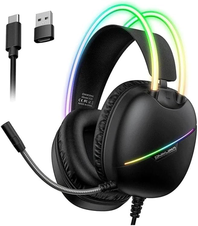 ONIKUMA X33 Gaming Headset with Microphone – Over-Ear Wired Headphones, Surround Sound, Noise Cancelling Mic, LED Light, Comfortable Earpads, for PC, PS5, PS4, Xbox, Laptop (Black)