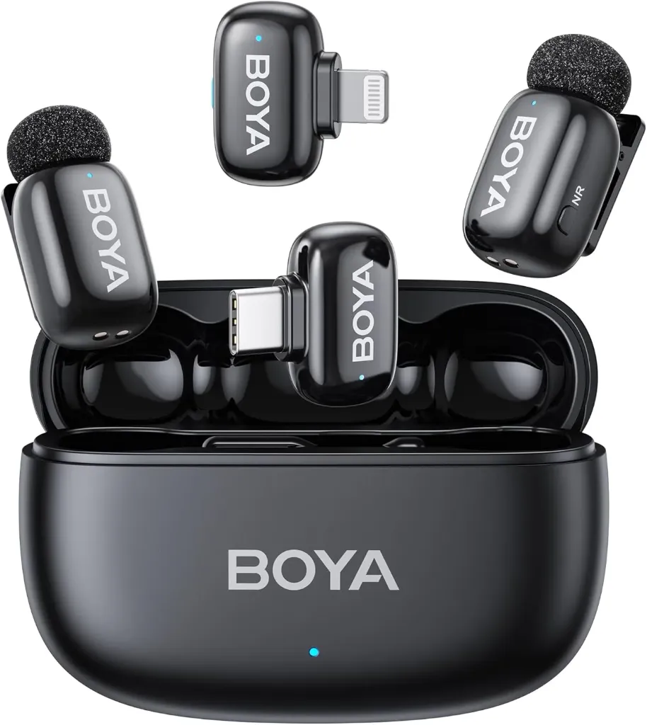 [MI-81-M] Boyamini Wireless Lavalier Microphone for iPhone/iPad Android Device with 2 Plugs&2 Ultra Mini Mics with 30H Usage, AI Voice Change, Lapel Microphone for Vlog, Streaming, TikTok, YouTube(Black)