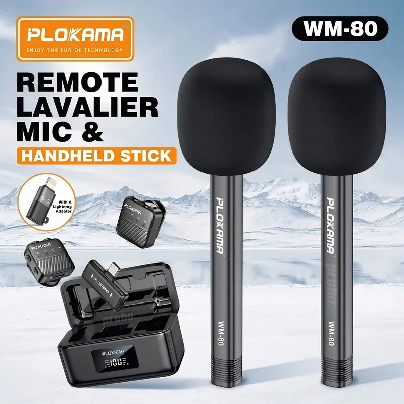 Plokama KIT WM-80 Wireless Dual Microphone with Handheld Stick & Charging Case