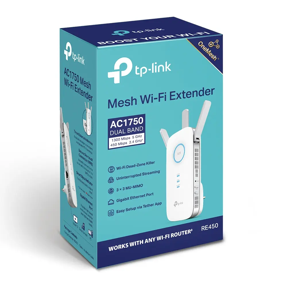 TP-LINK AC1750 Wi-Fi Range Extender, 3x External Antennas, Dual-Band 5GHz & 2.4GHz, EasyMesh-Compatible, Up to 1300Mbps Signal Rate, RE450