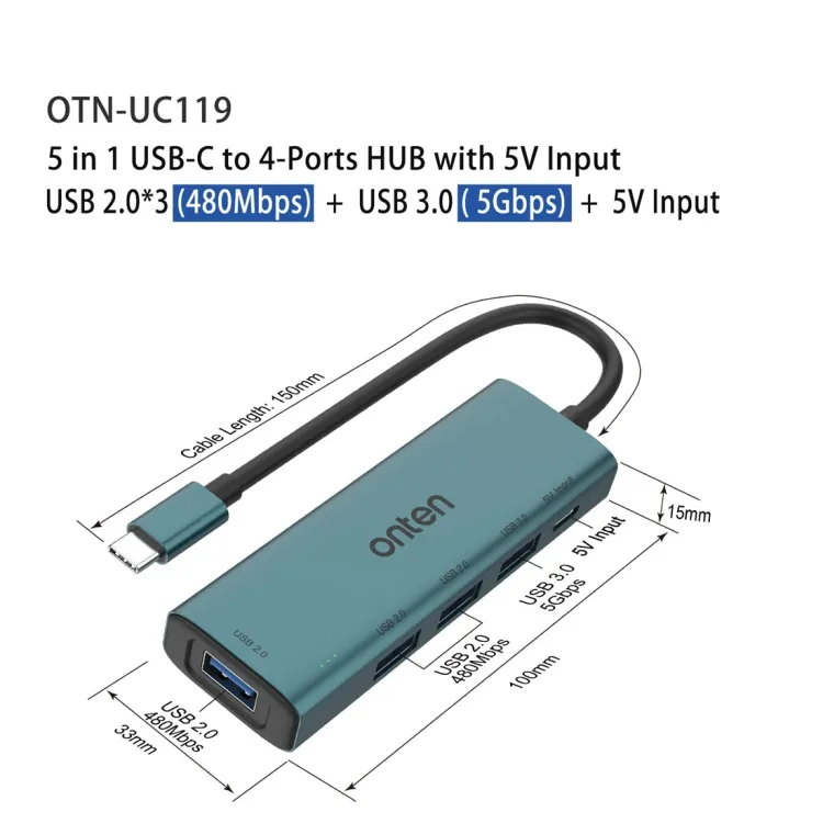 Onten UC119 5 in 1 USB-C / Type-C to USB 4 Ports USB Hub with 5V Input
