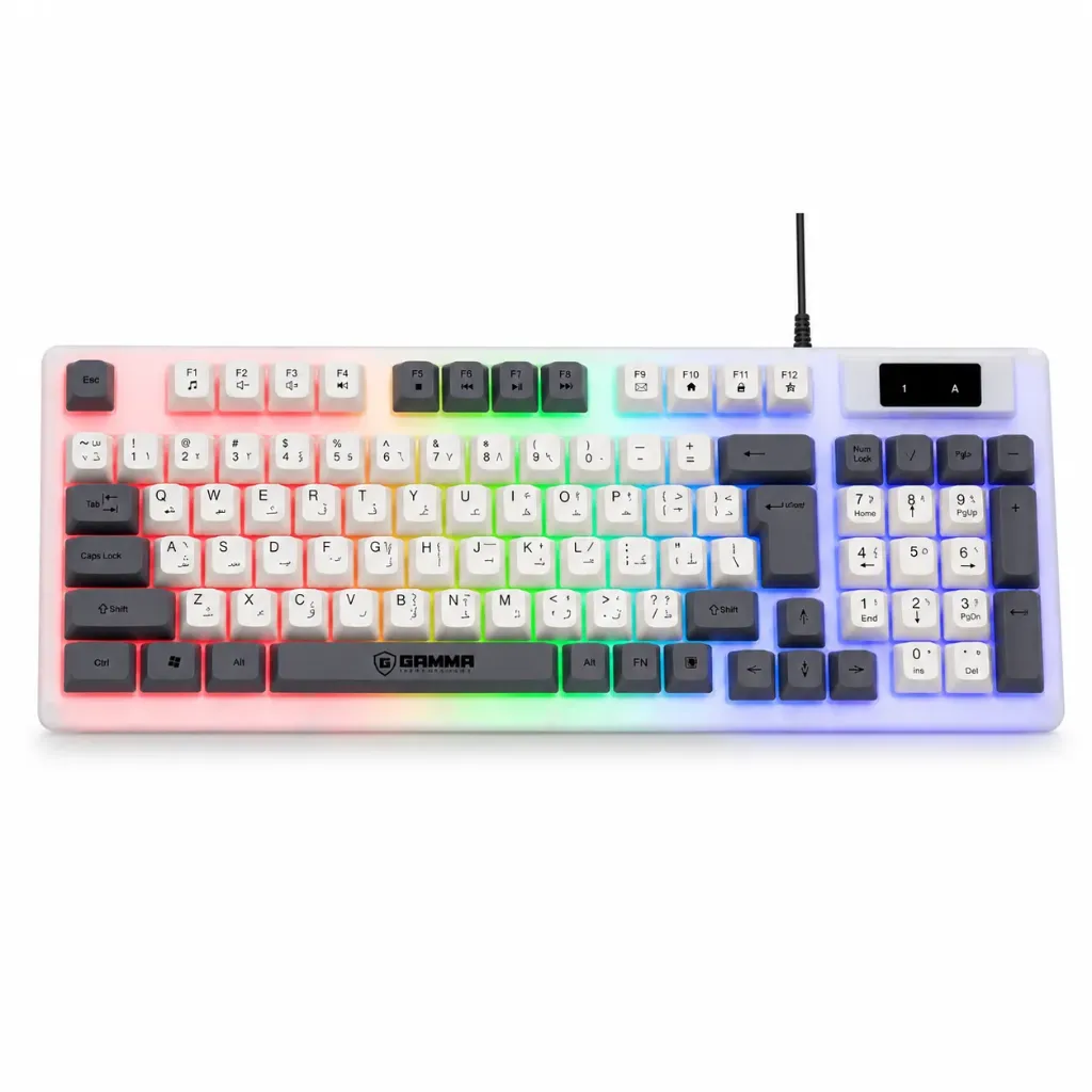كيبورد ألعاب Gamma K-515 سلكي USB بإضاءة RGB عربي/إنجليزي – أبيض ورمادي