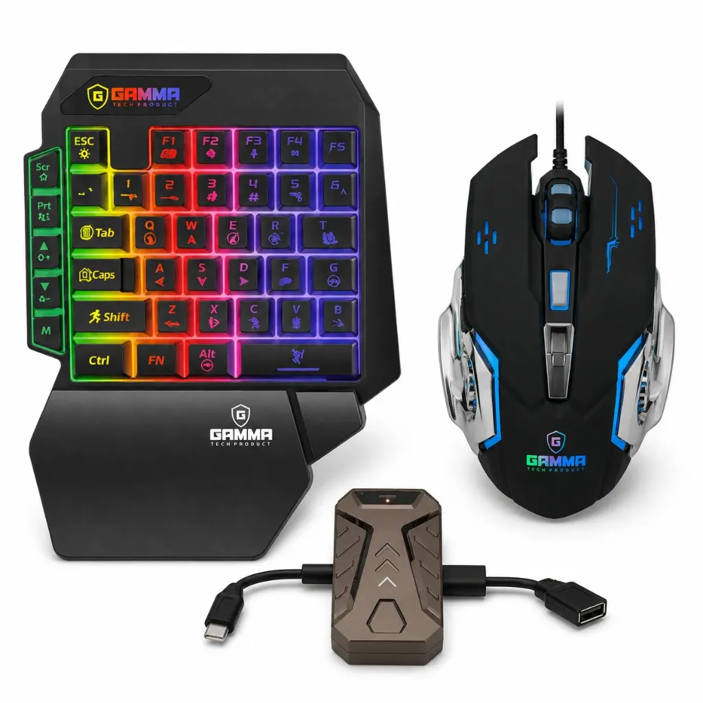 GAMMA K-540 3-in-1 Mobile Gaming Combo – RGB One-Handed Keyboard, Wired Mouse & Converter – Black