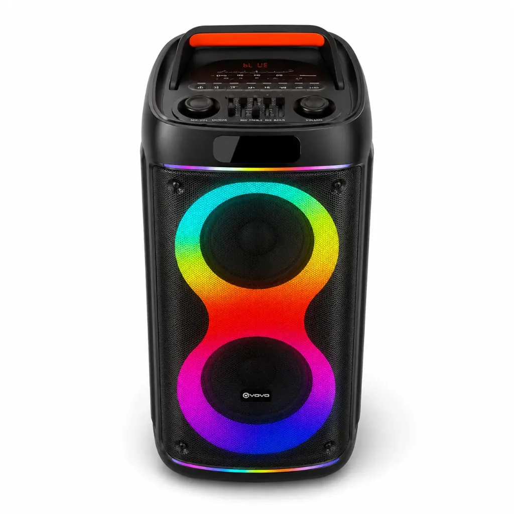 VOVO V-2855 Double 8″ RGB Portable Party Speaker – 50W RMS – Bluetooth 5.0 – Black