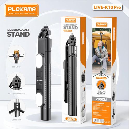 عصا سيلفي وترايبود PLOKAMA Live K10 Pro بارتفاع 200 سم وإضاءة LED
